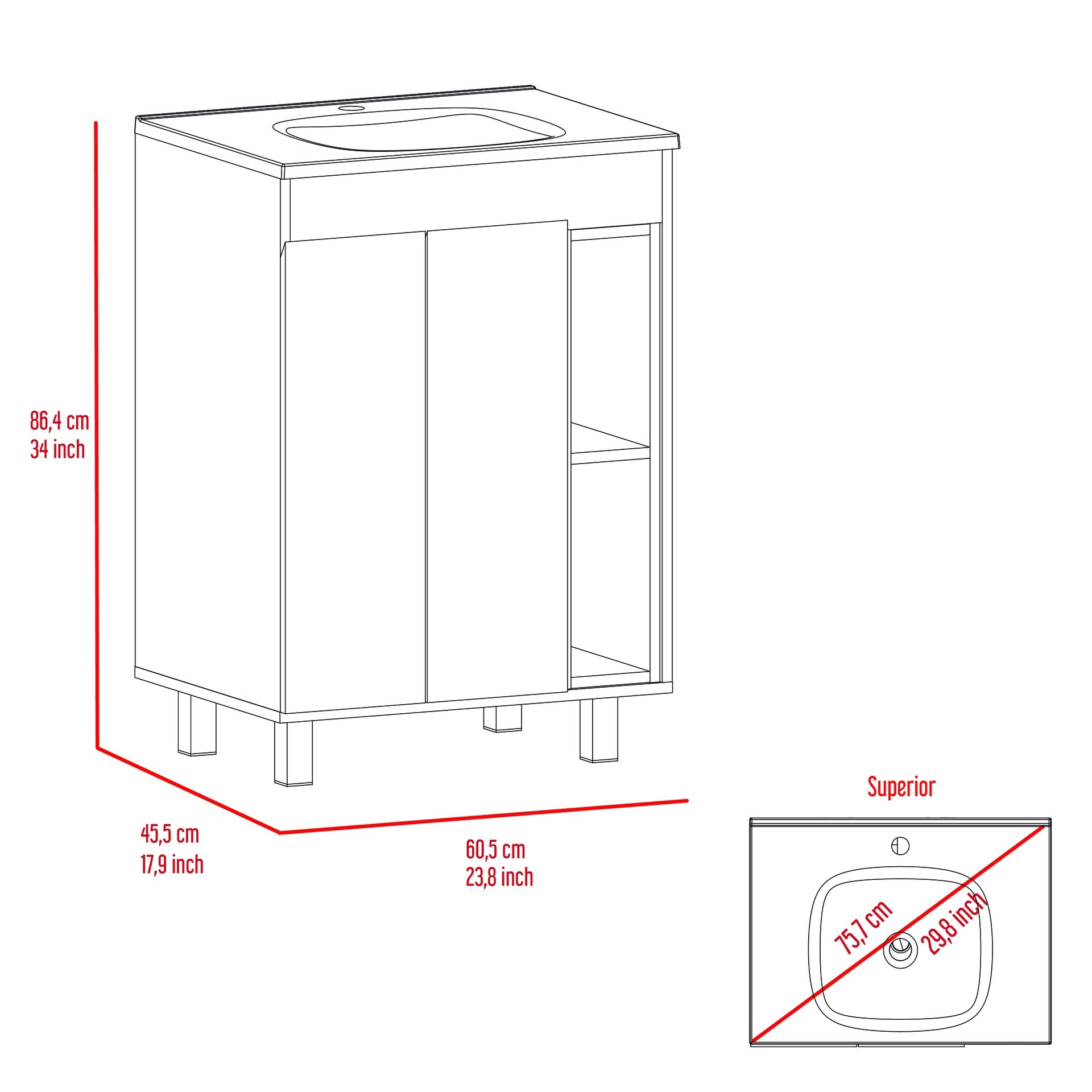 24" Meka Vanity, Two External Shelves, Double Door Cabinet -White