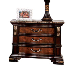Traditional Style 1pc Nightstand Sintered Stone Top USB Port Gold Carved Details English Dovetail Drawers Dark Cherry And Oak Finish Bedroom Furniture