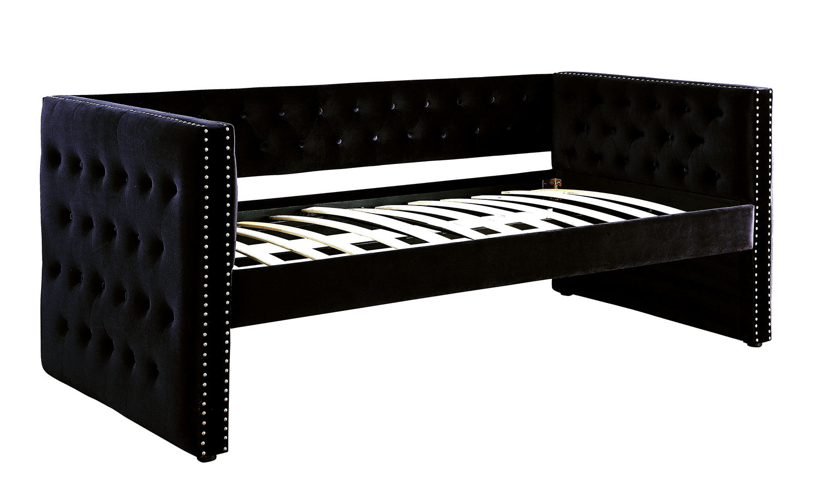 Transitional Style Daybed With Trundle Padded Button Tufted Upholstery Nailhead Trim Included Slat Kit Tuxedo Design Black Finish