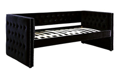 Transitional Style Daybed With Trundle Padded Button Tufted Upholstery Nailhead Trim Included Slat Kit Tuxedo Design Black Finish
