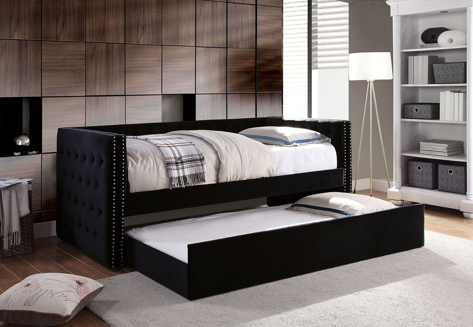 Transitional Style Daybed With Trundle Padded Button Tufted Upholstery Nailhead Trim Included Slat Kit Tuxedo Design Black Finish