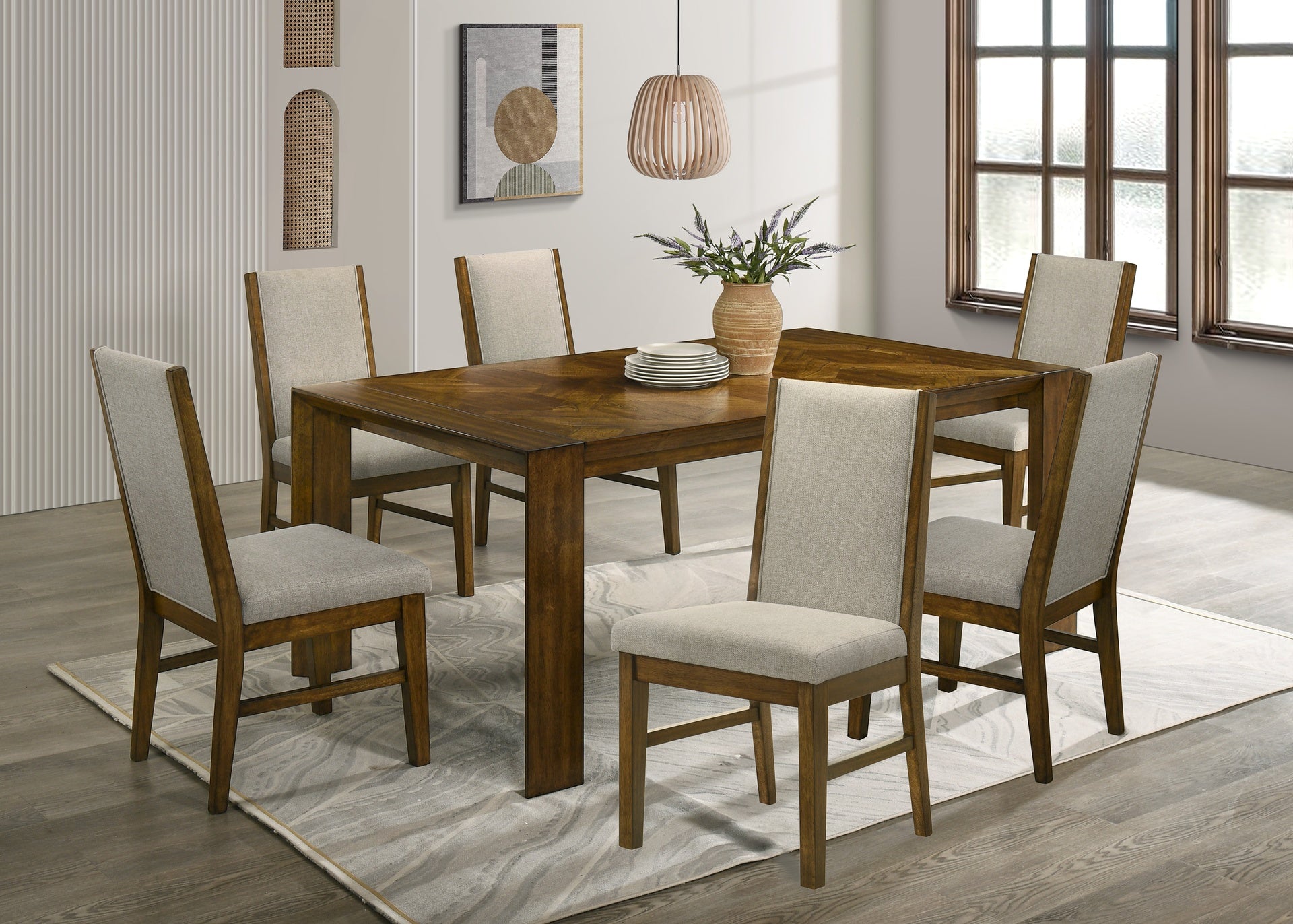 7pc Rectangular Dining Table Handcrafted Feel Solid Wood Tailored Chairs Tufted Upholstered Soft Neutral Fabric Wooden Dining Room Furniture