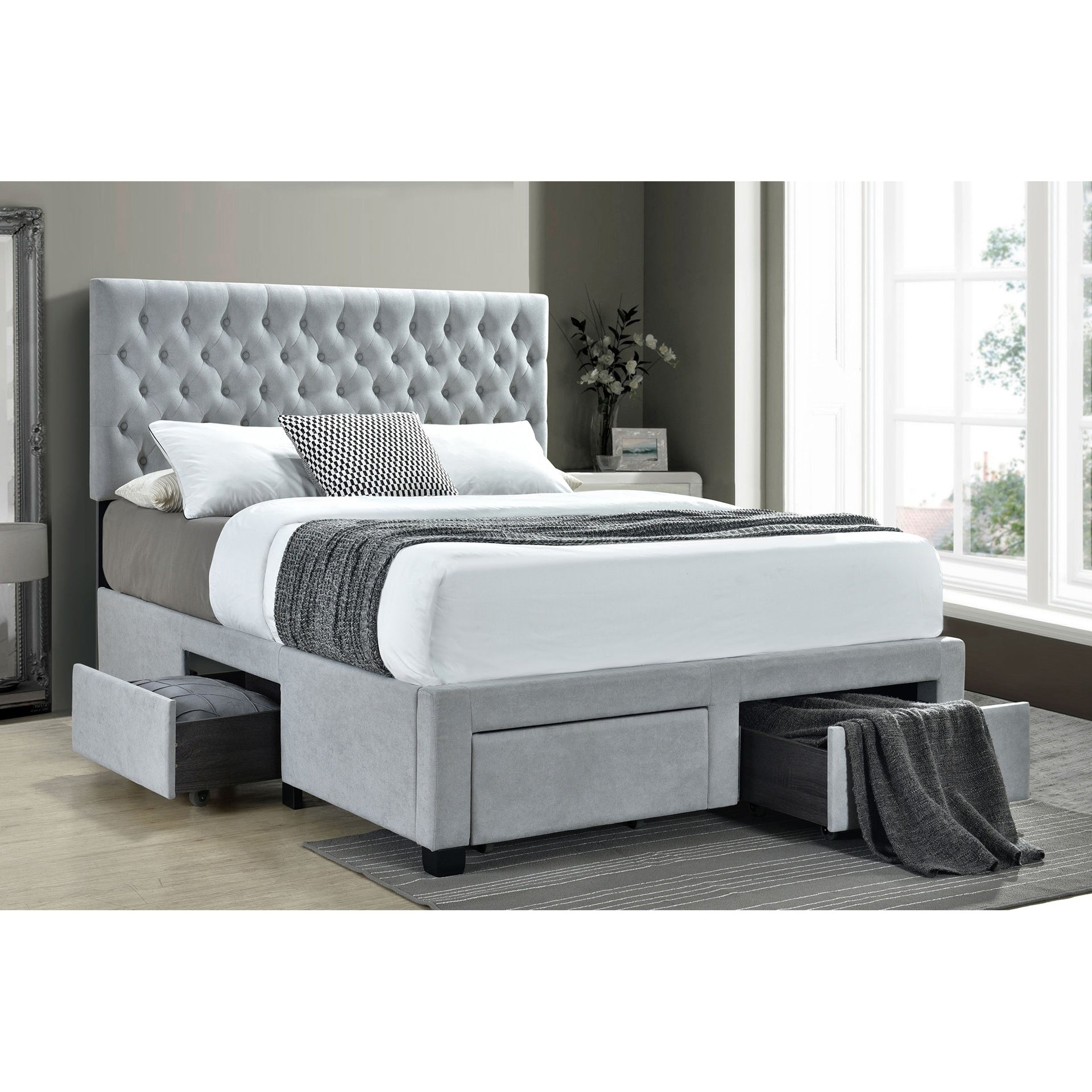 Newport Light Grey Upholstered 4-Drawer Tufted Storage Eastern King Bed