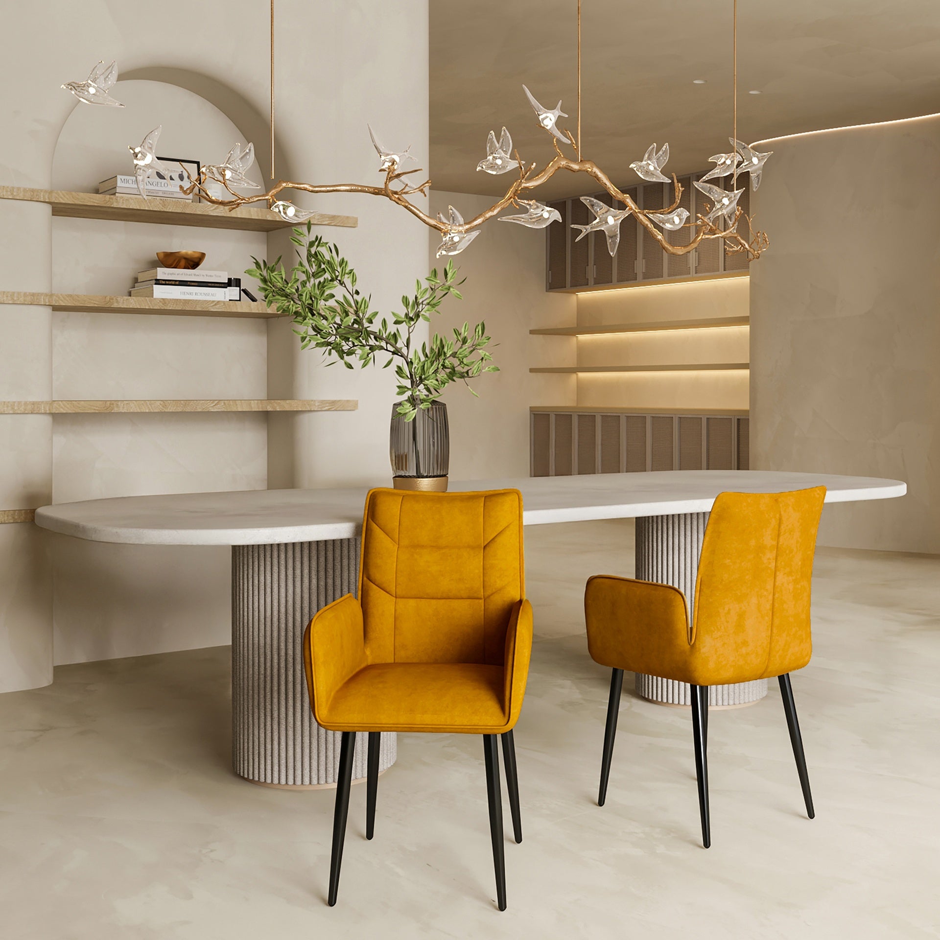 Modern Velvet Dining Chairs 2-Piece Set - Soft Cushioned Seats with Iron Frames in Mustard Yellow