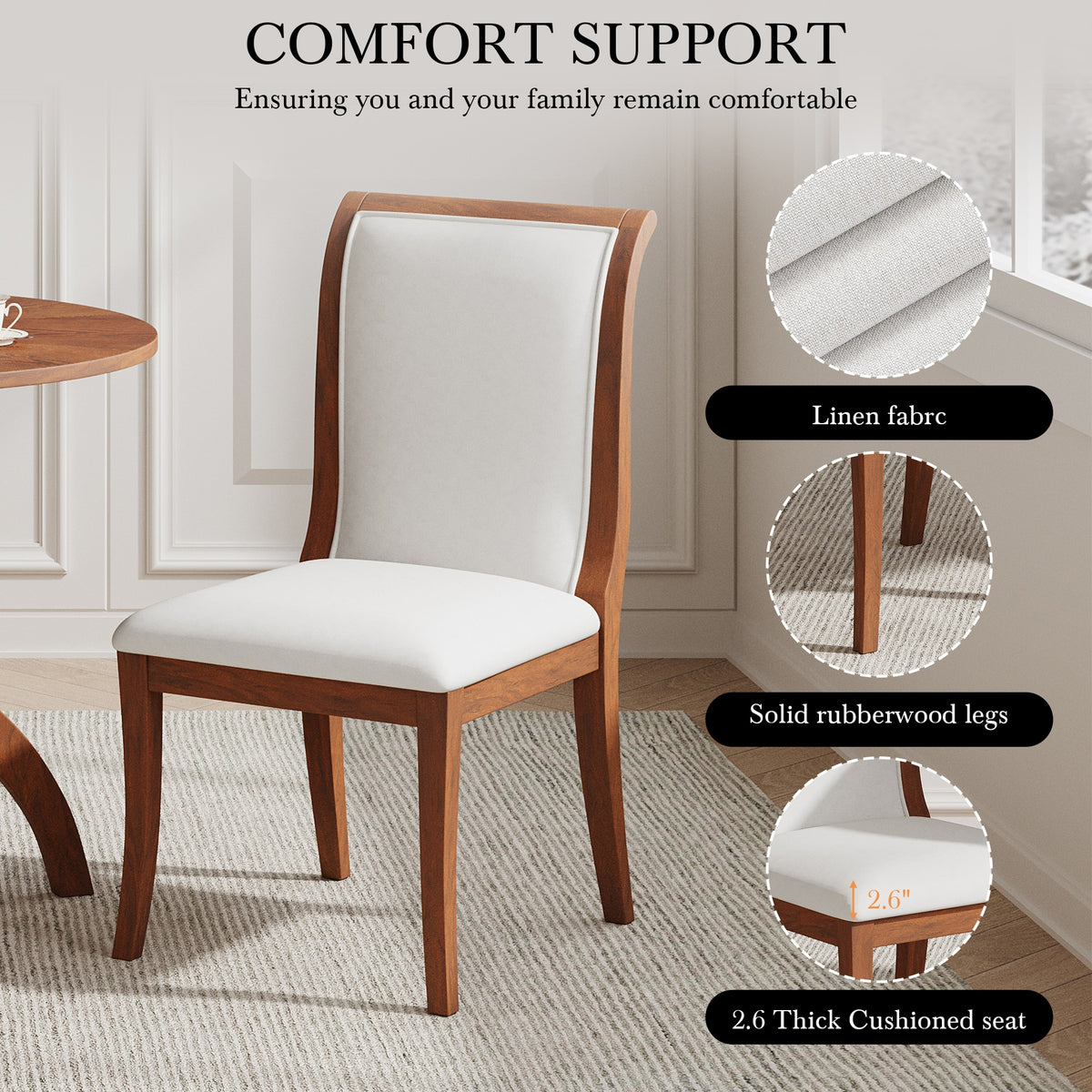 Walnut Finish Upholstered Dining Chairs Set of 2 - Traditional Elegant Fabric Side Chairs with Curved Lines, Solid Hardwood Frame