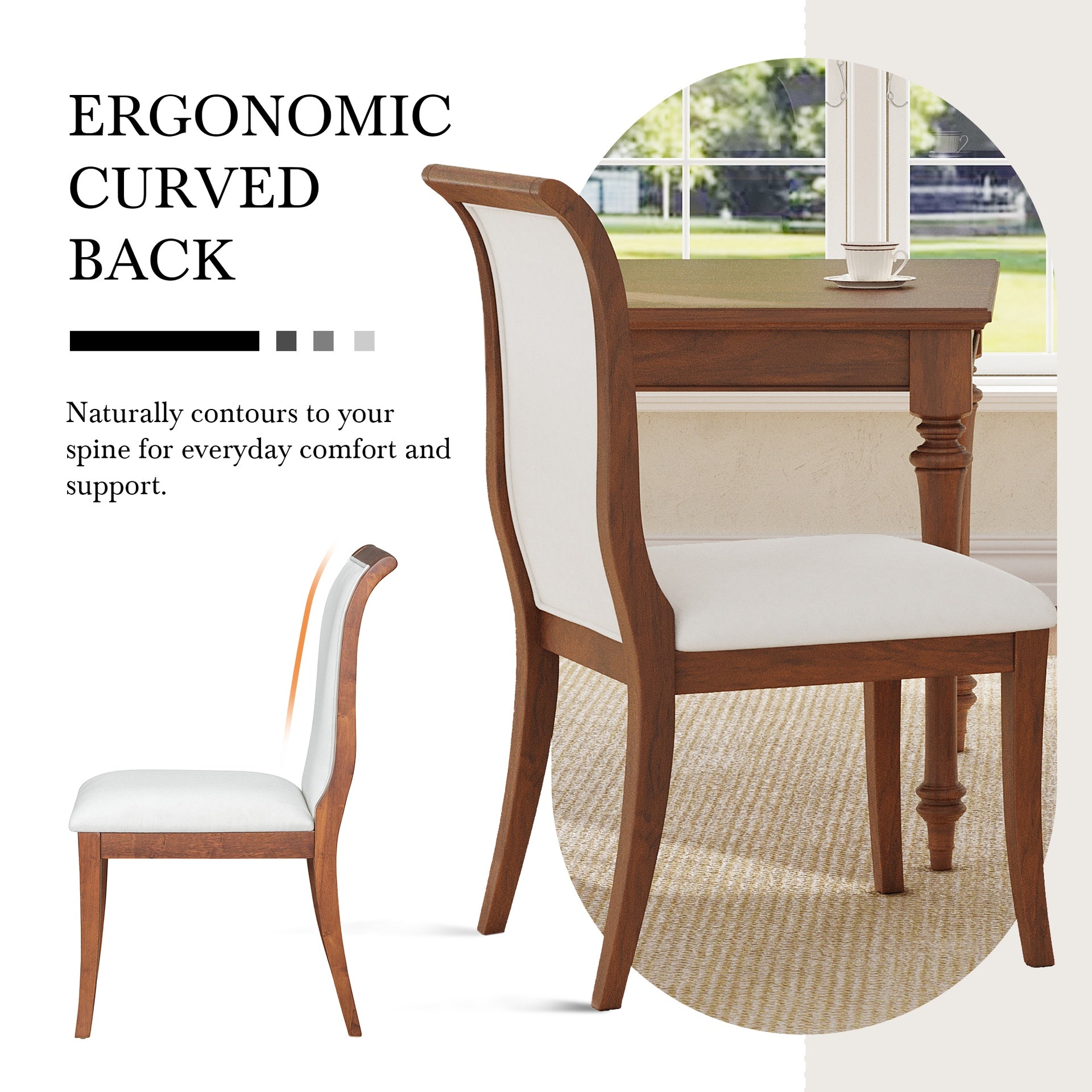 Walnut Finish Upholstered Dining Chairs Set of 2 - Traditional Elegant Fabric Side Chairs with Curved Lines, Solid Hardwood Frame