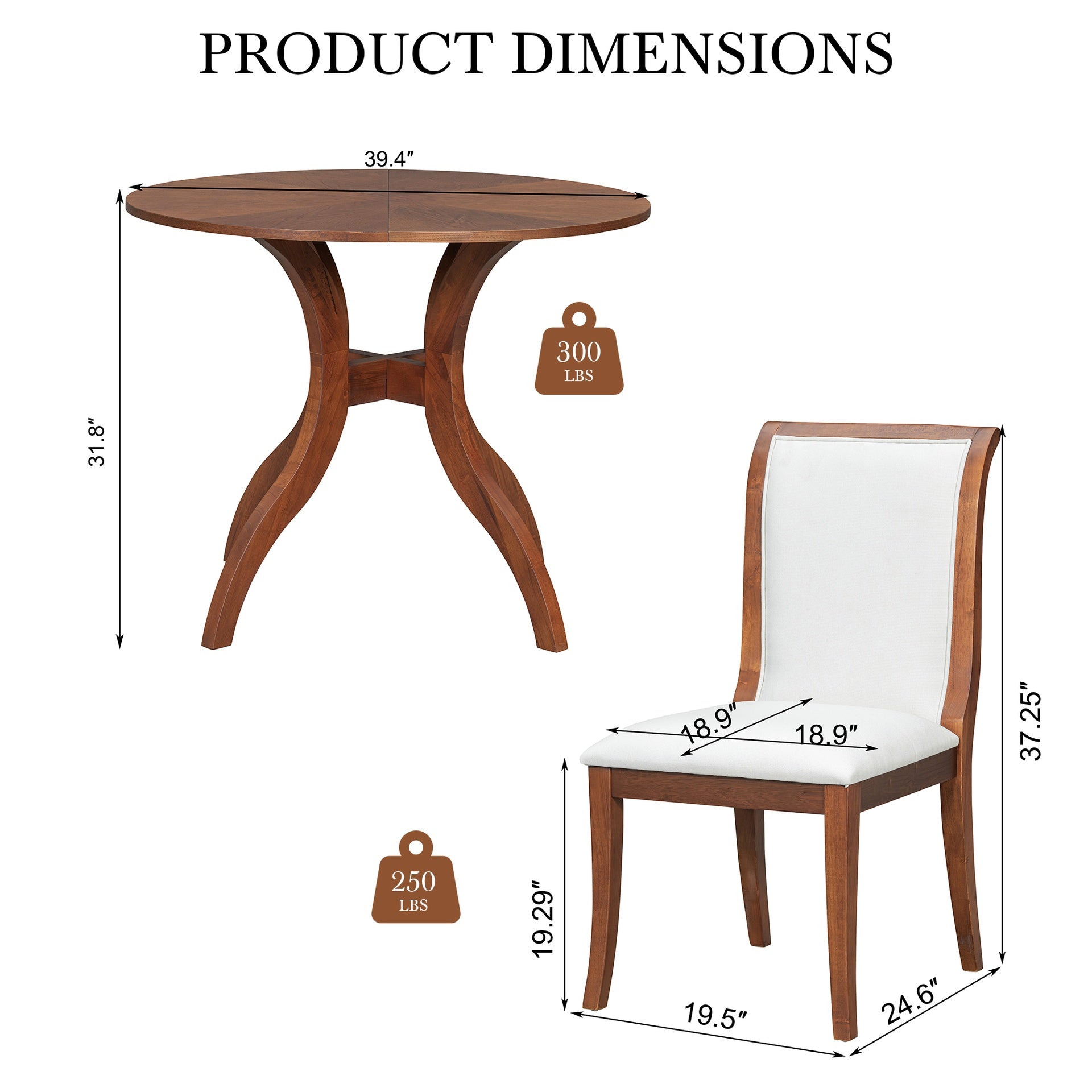 Walnut Dining Table Set:39.4" Round Table + 2 Chairs - Traditional Solid Wood Kitchen Set with Inlaid Tabletop, Elegant Curved Legs for Dining Room