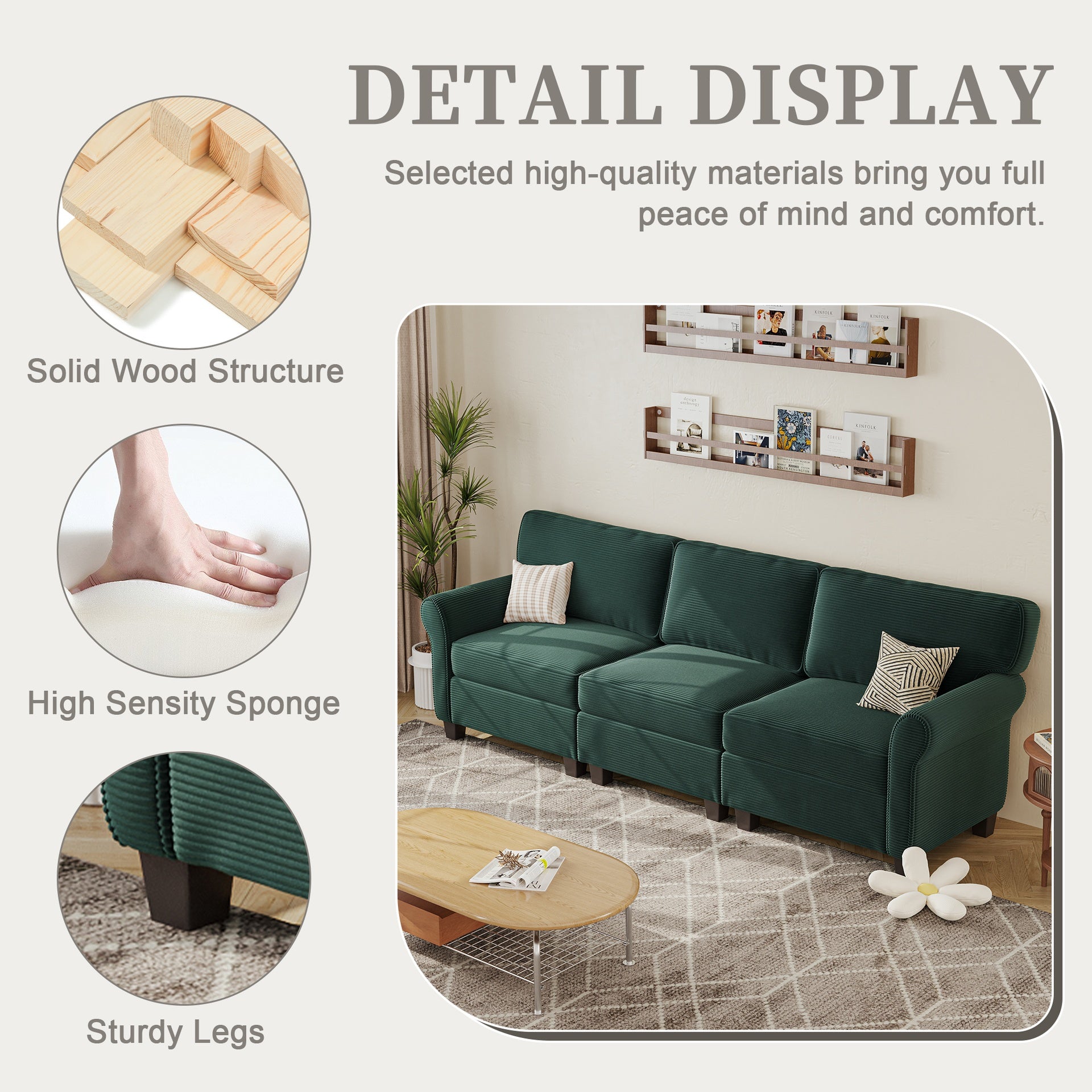 94" 3-Seater Corduroy Sofa Couch with Deep Seats,Thickened High-Rebound Sponge & Armrests, Removable Cushions, Sturdy Composite Board+Solid Wood Frame for Living Room, Bedroom, Apartment and Office.