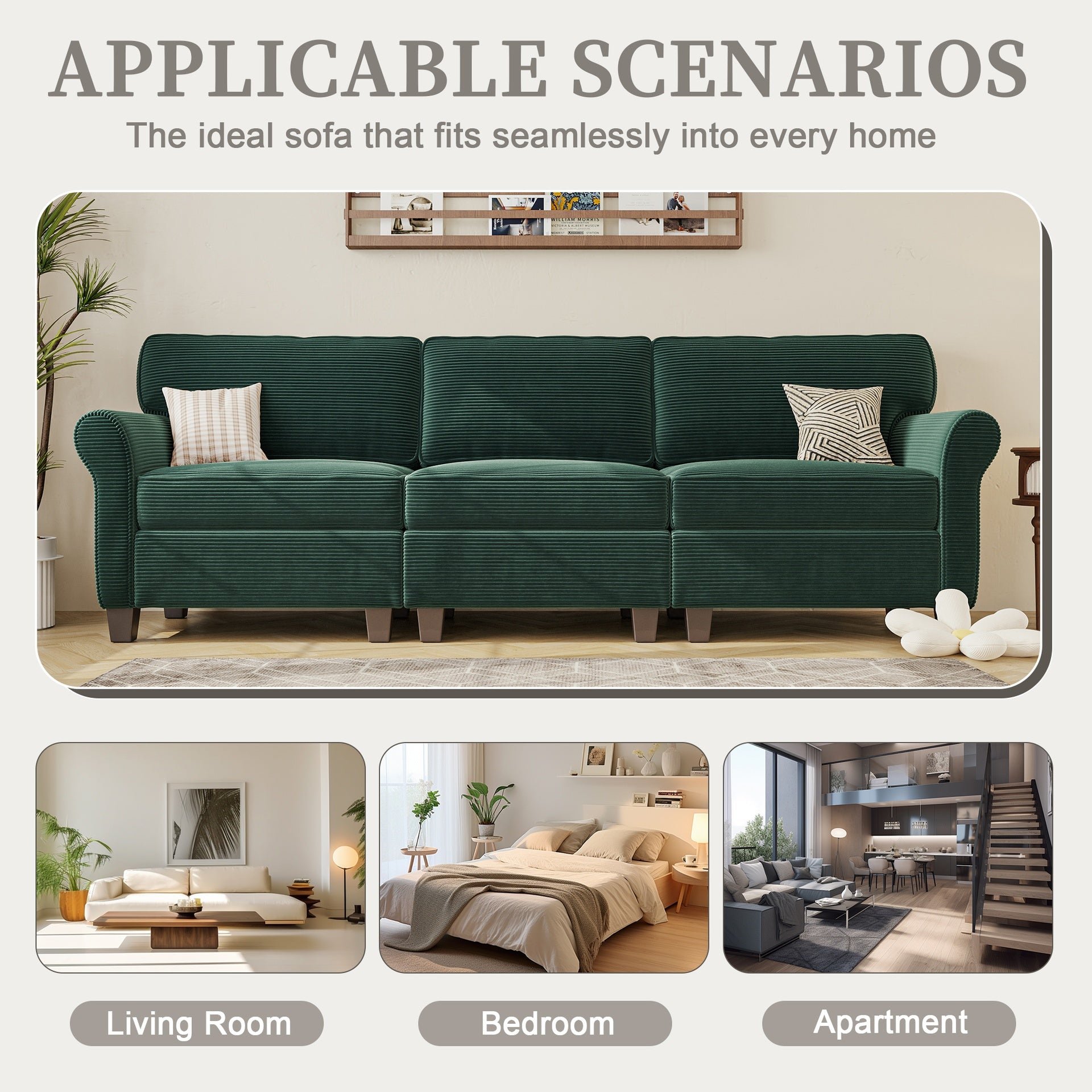 94" 3-Seater Corduroy Sofa Couch with Deep Seats,Thickened High-Rebound Sponge & Armrests, Removable Cushions, Sturdy Composite Board+Solid Wood Frame for Living Room, Bedroom, Apartment and Office.