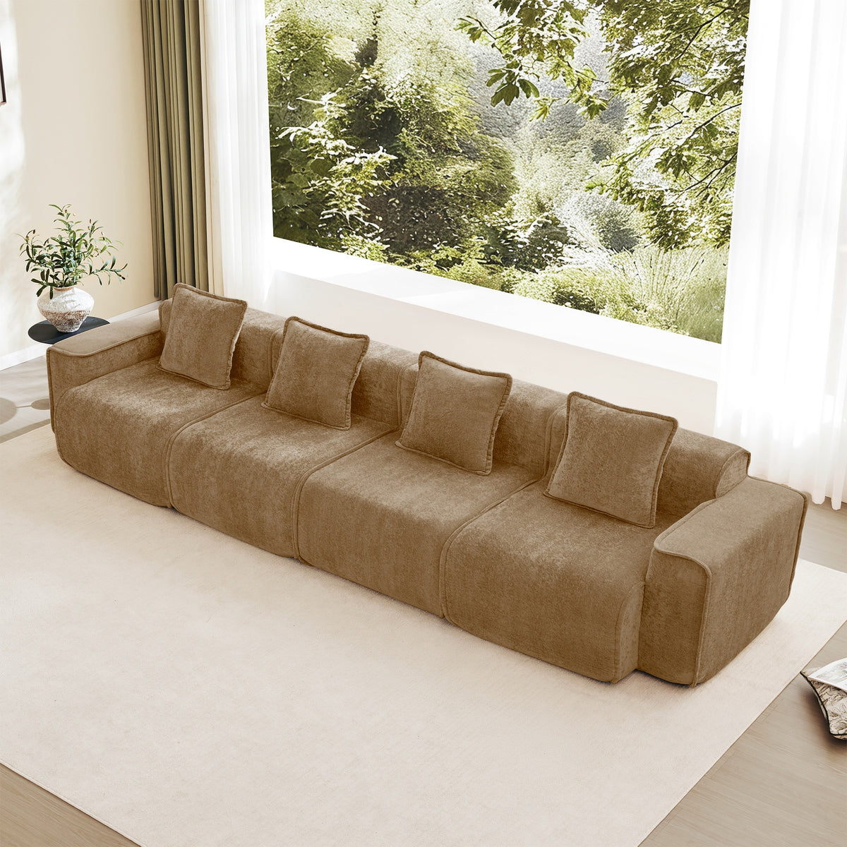 Streamlined Design Deep Seat Modular 4 Seat Boneless Sofa with French Edge Piping,No Assembly Required, Modern Modular 4 - Seat Sofa Couch with Throw Pillows,Velvet Fabric Brown