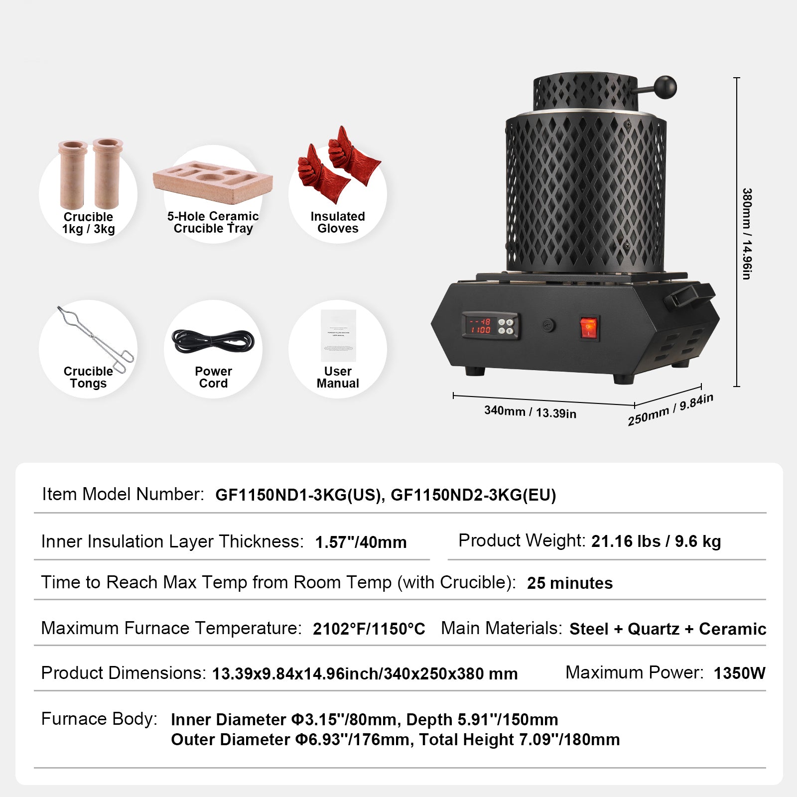 Gold Melting Furnace, 1350W, 2102 ℉ Max Temperature, Digital Electric Melting Furnace with 1 kg and 3 kg Ceramic Crucibles, Crucible Tongs, and Gloves, for Gold, Silver, Aluminum, Copper
