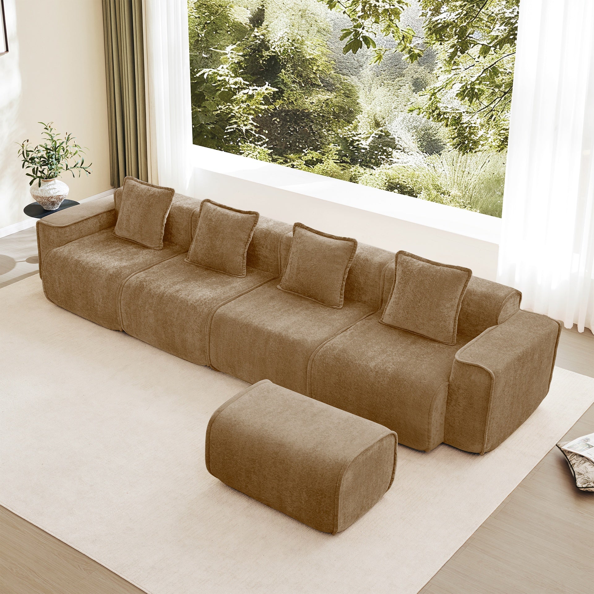 Streamlined Design Modular 4 Seat L Shape Sectional Boneless Sofa with French Edge Piping, No Assembly Required, 4-Seat Sofa Couch with Throw Pillows and 1 Movable Ottoman, Velvet Fabric Brown