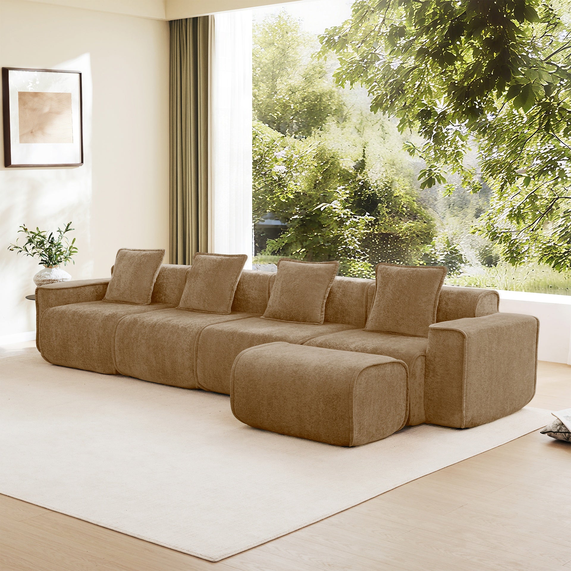 Streamlined Design Modular 4 Seat L Shape Sectional Boneless Sofa with French Edge Piping, No Assembly Required, 4-Seat Sofa Couch with Throw Pillows and 1 Movable Ottoman, Velvet Fabric Brown