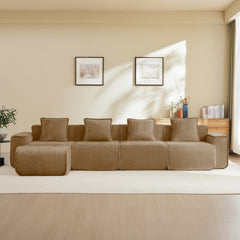 Streamlined Design Modular 4 Seat L Shape Sectional Boneless Sofa with French Edge Piping, No Assembly Required, 4-Seat Sofa Couch with Throw Pillows and 1 Movable Ottoman, Velvet Fabric Brown