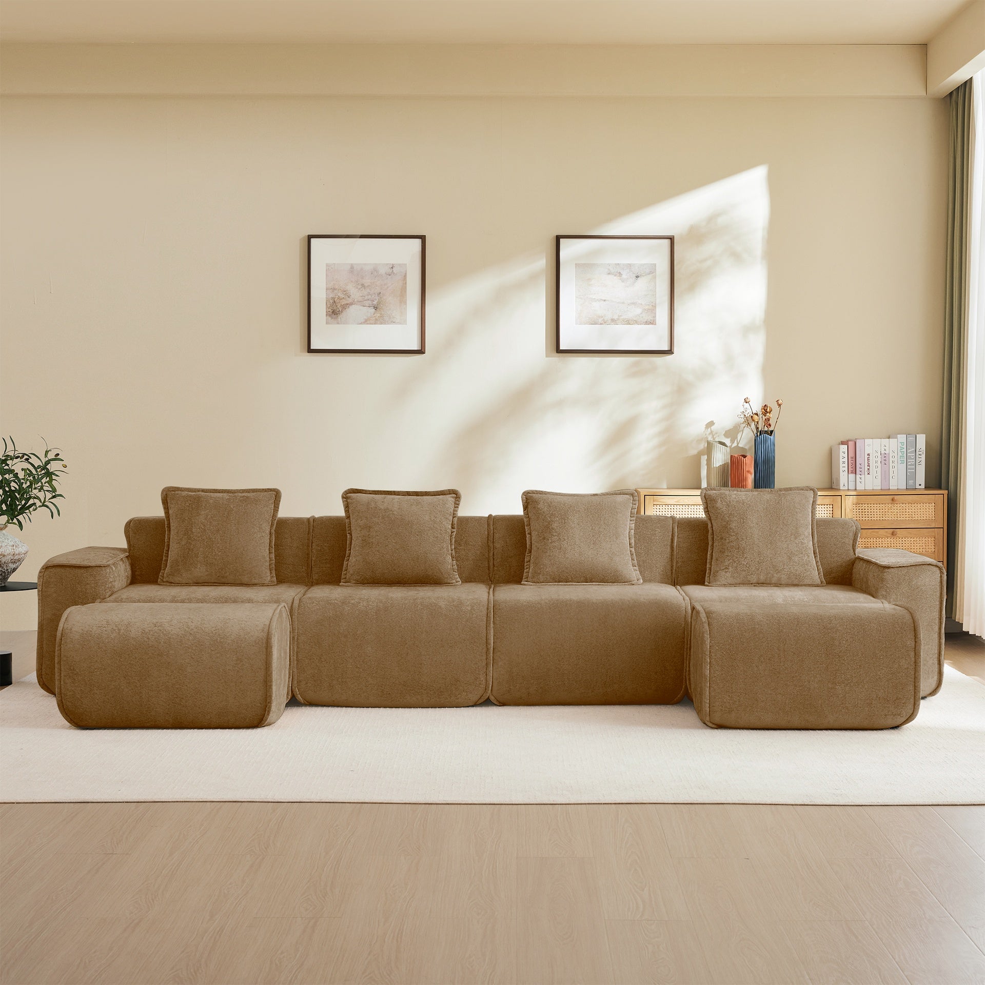 Streamlined Design Modular 4 Seat U Shape Sectional Boneless Sofa with French Edge Piping, No Assembly Required,4-Seat Sofa Couch with Throw Pillows and 2 Movable Ottomans, Velvet Fabric Brown