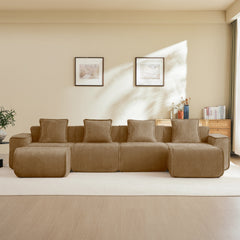 Streamlined Design Modular 4 Seat U Shape Sectional Boneless Sofa with French Edge Piping, No Assembly Required,4-Seat Sofa Couch with Throw Pillows and 2 Movable Ottomans, Velvet Fabric Brown