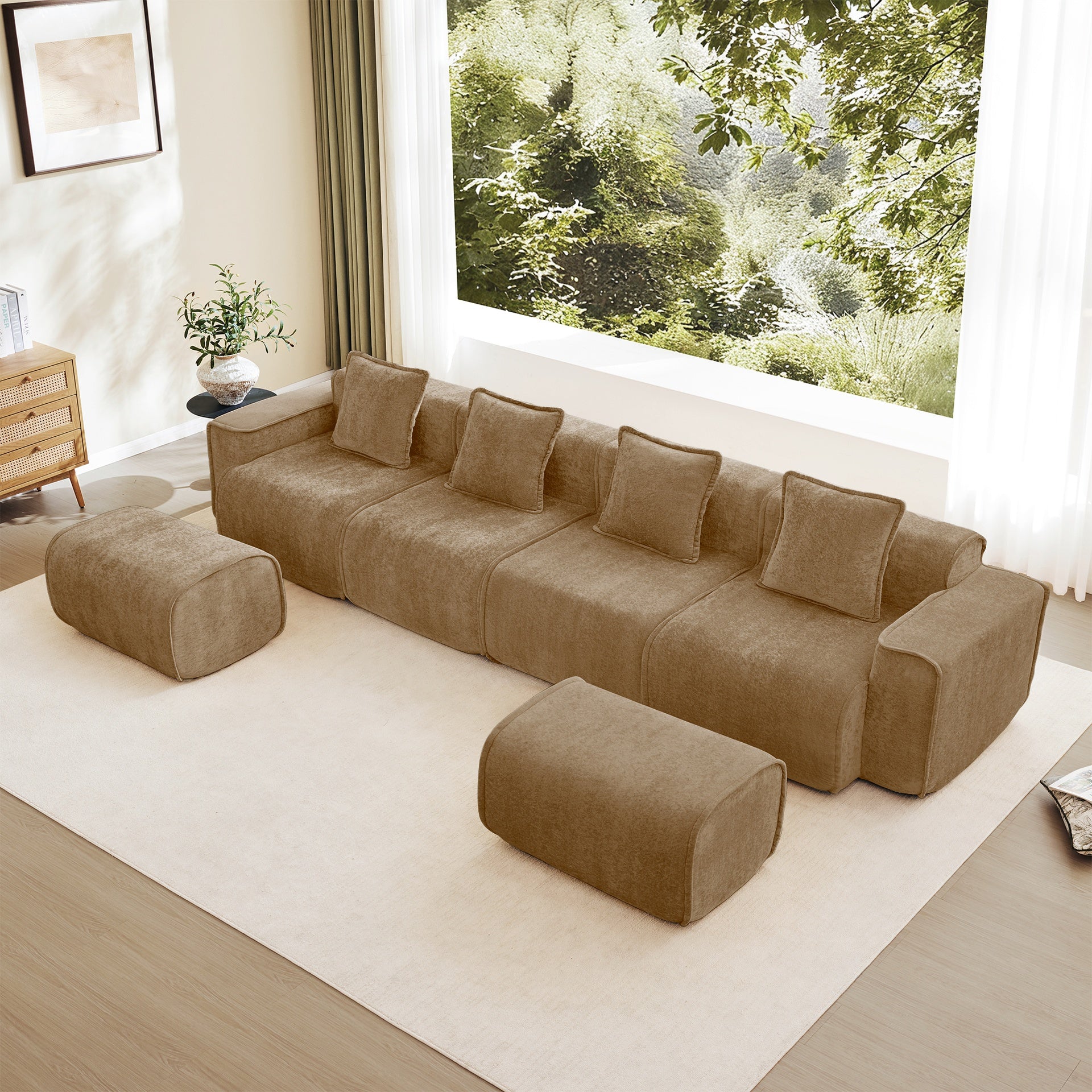 Streamlined Design Modular 4 Seat U Shape Sectional Boneless Sofa with French Edge Piping, No Assembly Required,4-Seat Sofa Couch with Throw Pillows and 2 Movable Ottomans, Velvet Fabric Brown