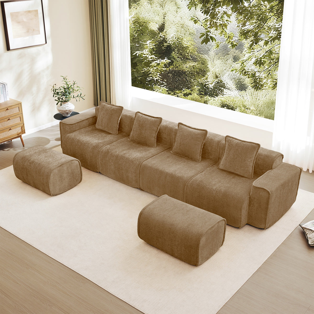 Streamlined Design Modular 4 Seat U Shape Sectional Boneless Sofa with French Edge Piping, No Assembly Required,4-Seat Sofa Couch with Throw Pillows and 2 Movable Ottomans, Velvet Fabric Brown