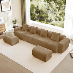 Streamlined Design Modular 4 Seat U Shape Sectional Boneless Sofa with French Edge Piping, No Assembly Required,4-Seat Sofa Couch with Throw Pillows and 2 Movable Ottomans, Velvet Fabric Brown