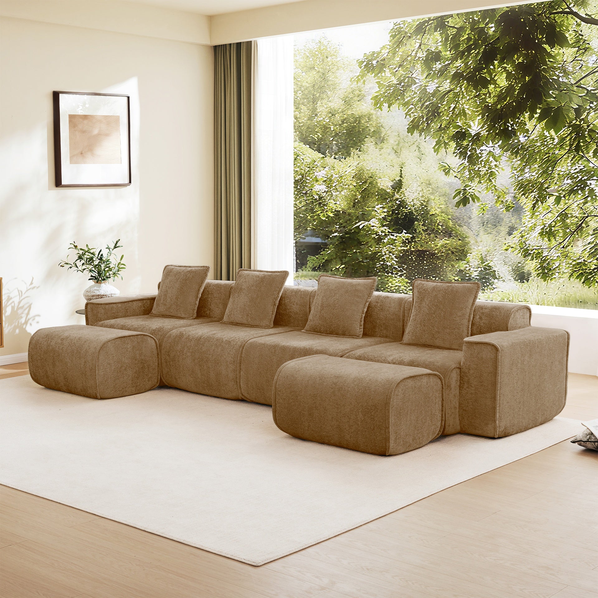 Streamlined Design Modular 4 Seat U Shape Sectional Boneless Sofa with French Edge Piping, No Assembly Required,4-Seat Sofa Couch with Throw Pillows and 2 Movable Ottomans, Velvet Fabric Brown