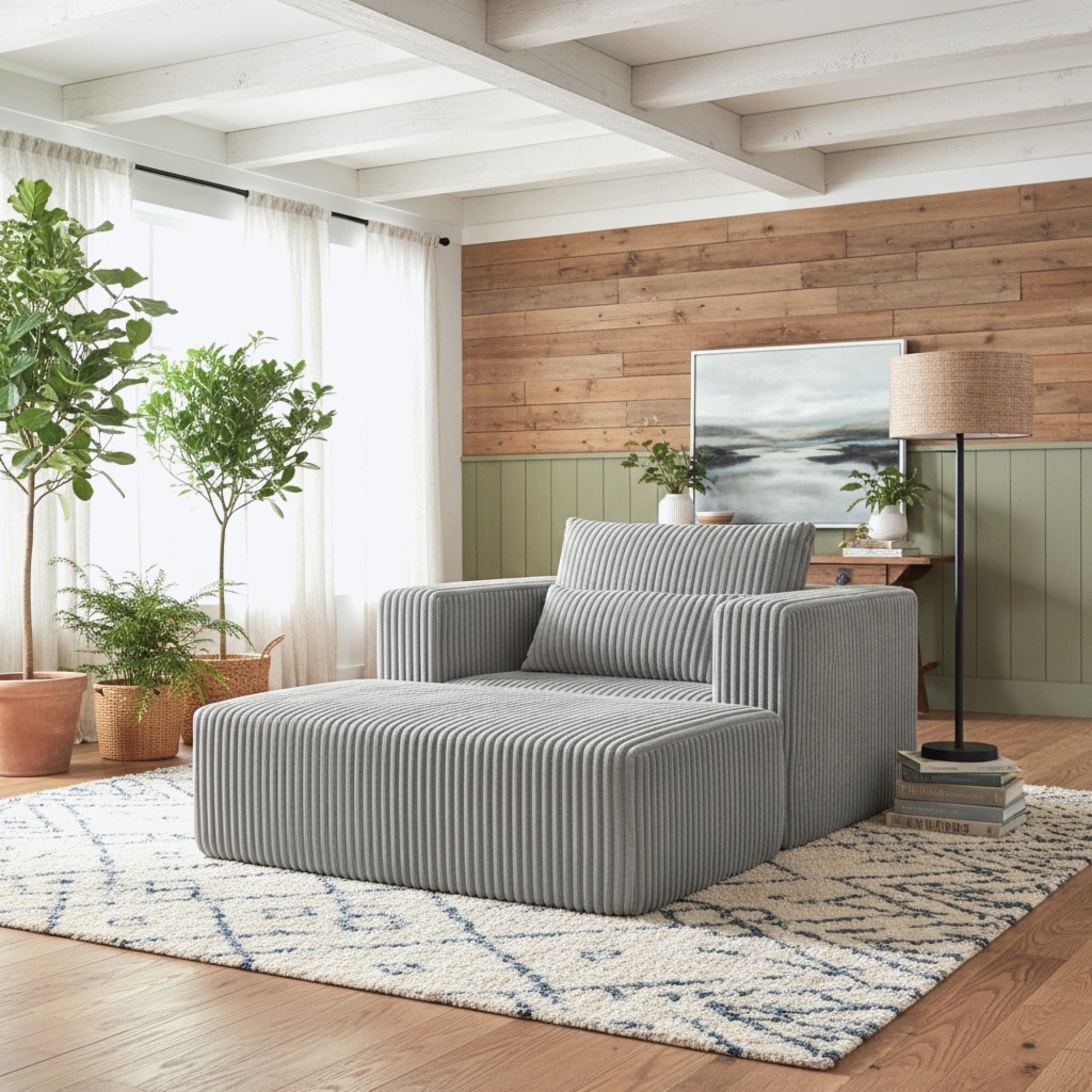 Oversized All-Foam Corduroy Lounge Chair with Ottoman, Modular Deep-Seat Floor Couch, Compressed Shipping & Easy Assembly, 50.98" W × 62.6" D × 23.62" H Chair-YKX-33010-Smoke Grey