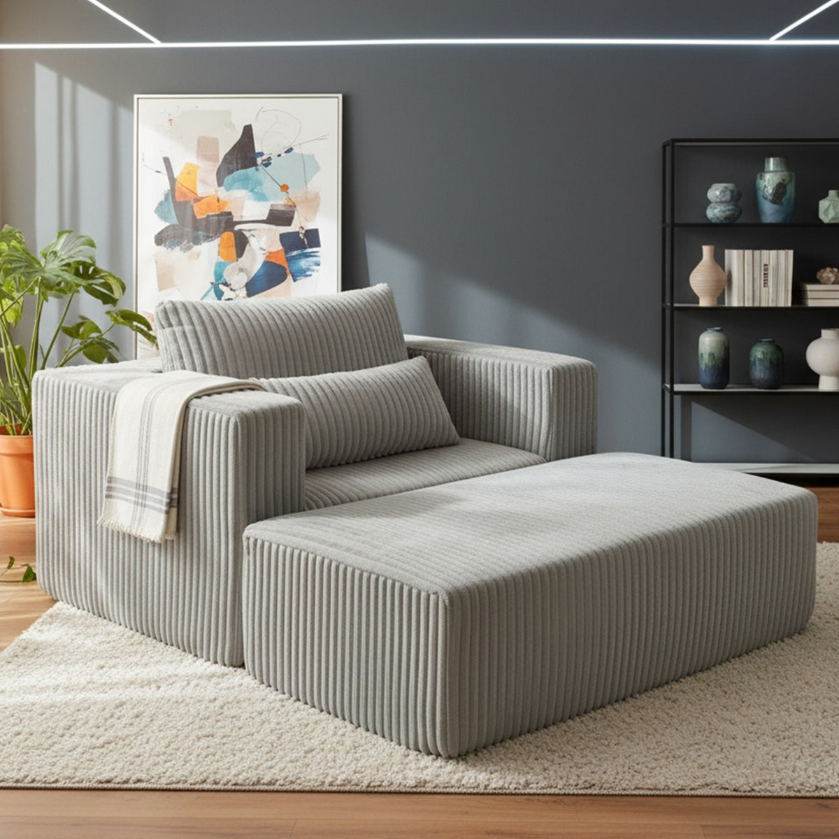 Oversized All-Foam Corduroy Lounge Chair with Ottoman, Modular Deep-Seat Floor Couch, Compressed Shipping & Easy Assembly, 50.98" W × 62.6" D × 23.62" H Chair-YKX-33010-Smoke Grey