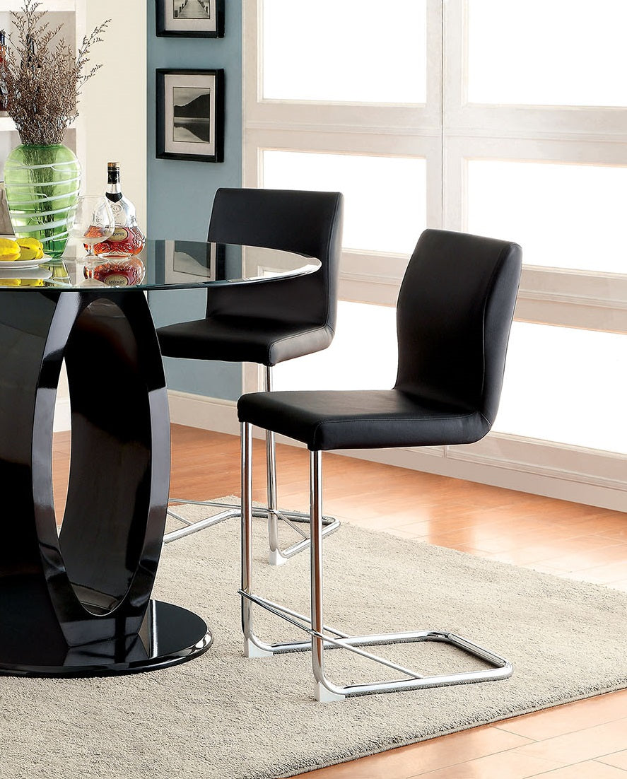 Modern Elegance Black Color Leatherette 2pcs Counter Height Dining Chairs Chrome Metal Legs Dining Room High Chairs