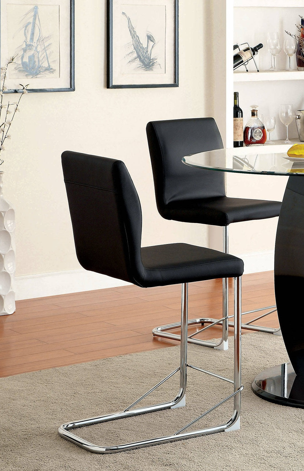 Modern Elegance Black Color Leatherette 2pcs Counter Height Dining Chairs Chrome Metal Legs Dining Room High Chairs