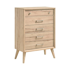 Mid-Century Modern Design Natural Oak Finish Chest of 5 Drawers Nickel Tone Classic Style Bedroom Furniture 1pc