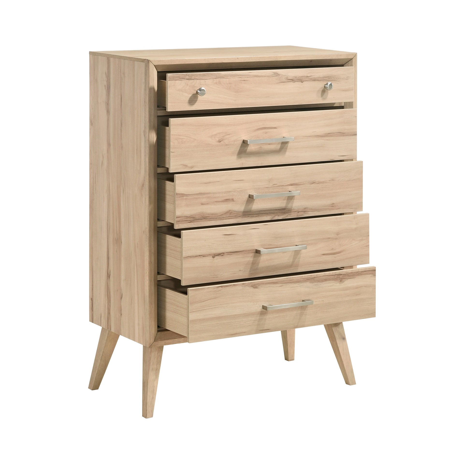 Mid-Century Modern Design Natural Oak Finish Chest of 5 Drawers Nickel Tone Classic Style Bedroom Furniture 1pc