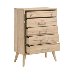 Mid-Century Modern Design Natural Oak Finish Chest of 5 Drawers Nickel Tone Classic Style Bedroom Furniture 1pc
