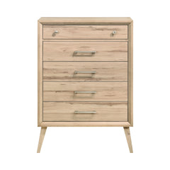 Mid-Century Modern Design Natural Oak Finish Chest of 5 Drawers Nickel Tone Classic Style Bedroom Furniture 1pc