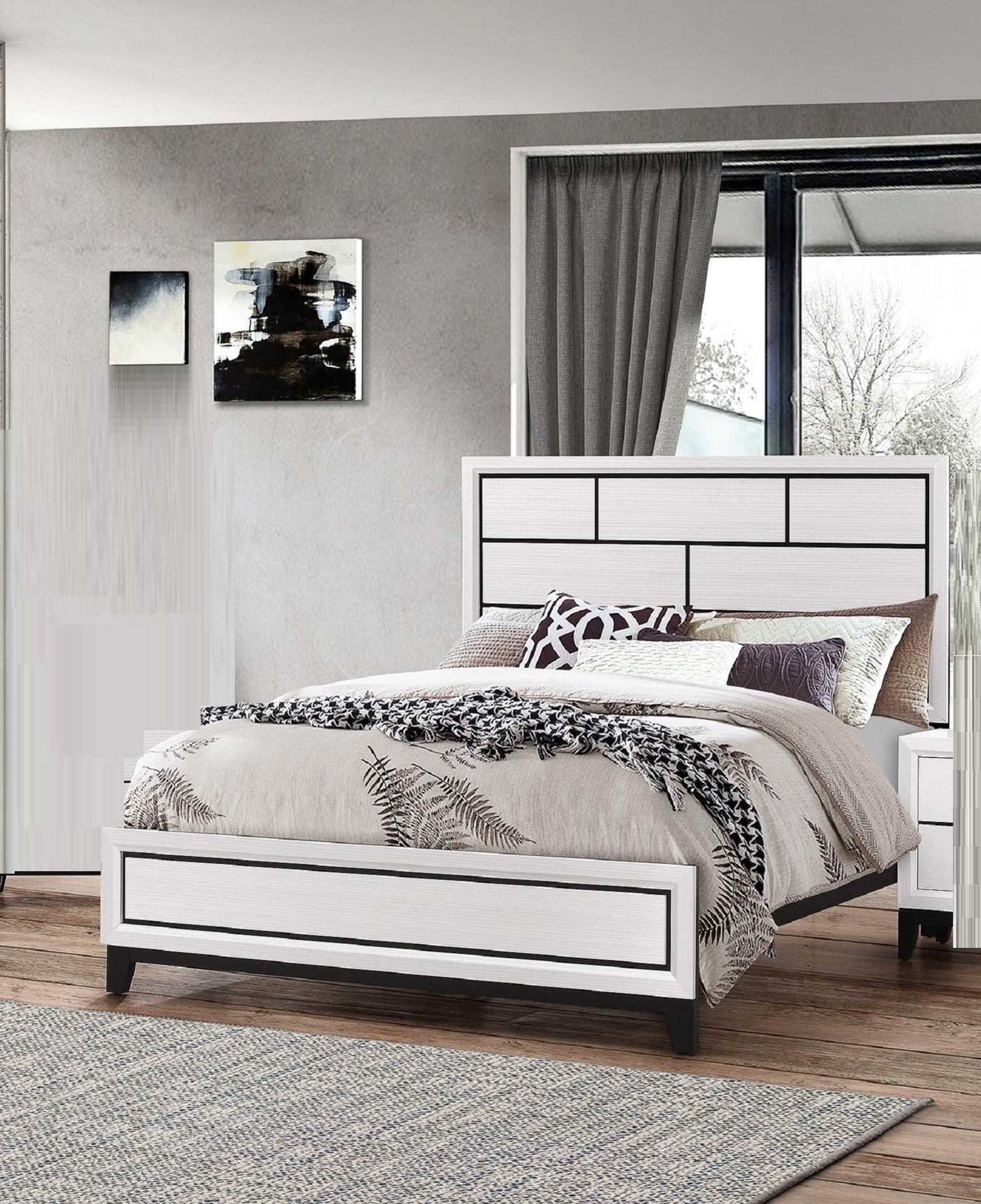 Cotemporary White Finish Twin Size Panel Low-profile Youth Kids Bed Geometric Design Wooden Bedroom Furniture