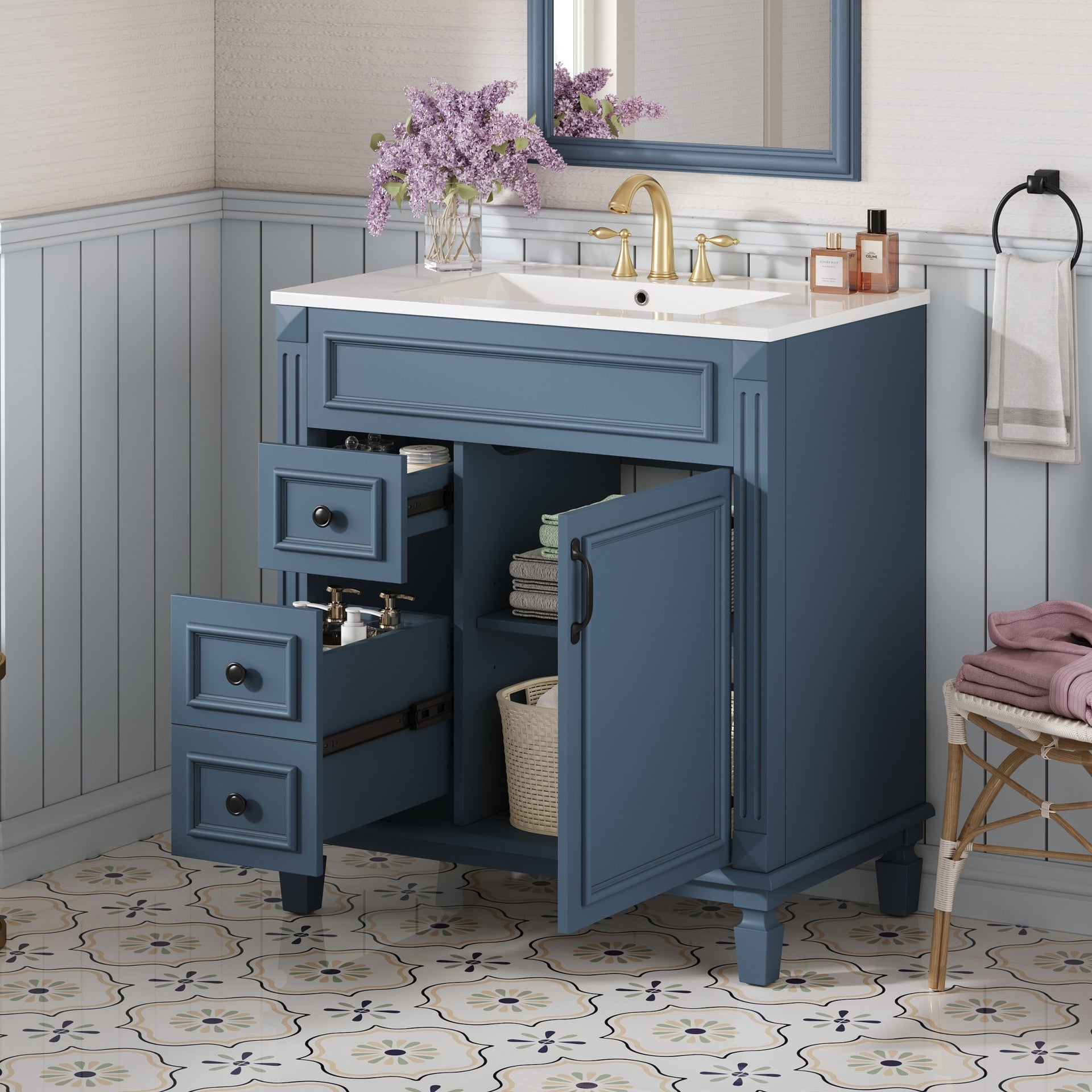 30" Bathroom Vanity with Ceramic Sink, Small Bathroom Sink Cabinet, Modern Cabinet with 2 Drawers and Adjustable Shelf