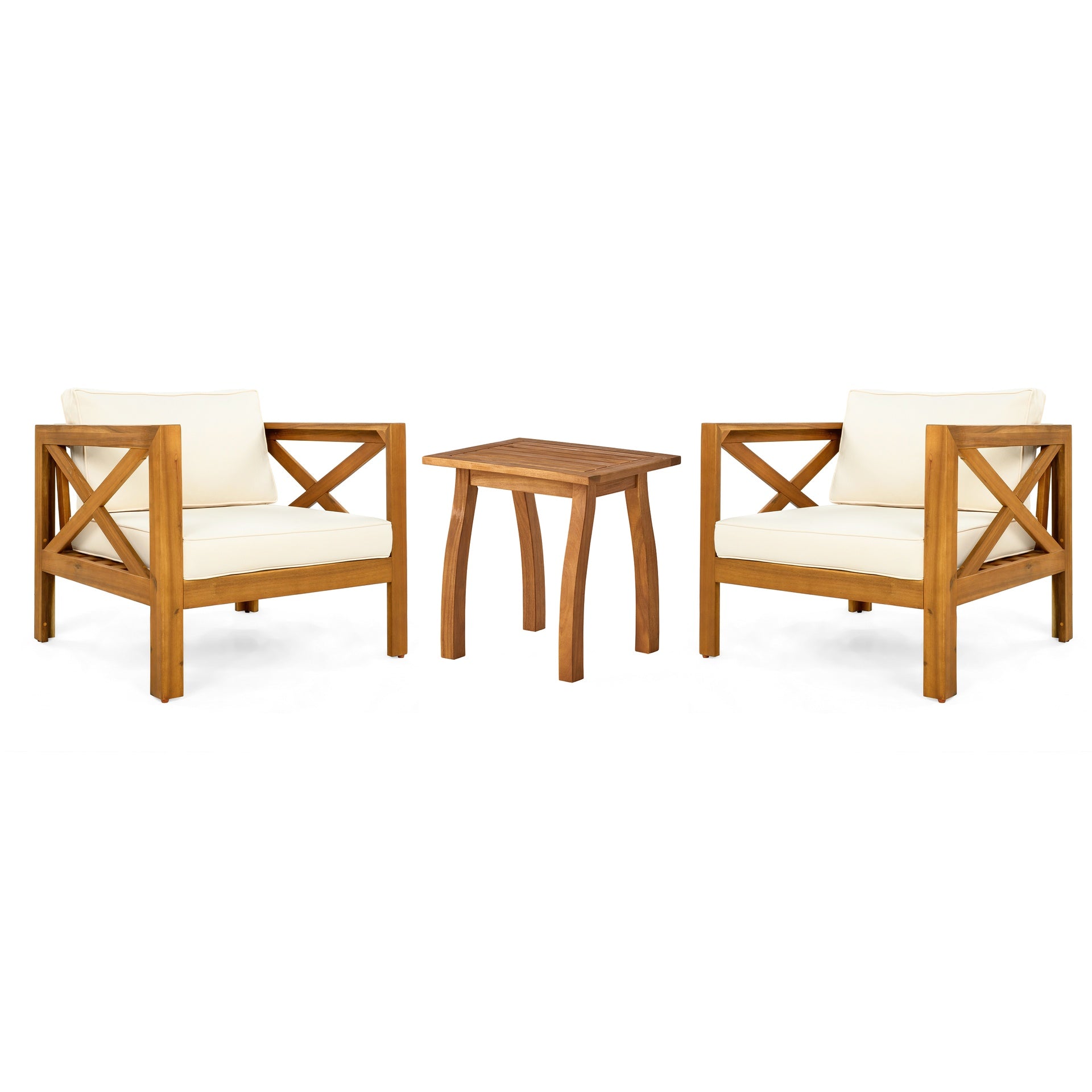Patio Conversation Set, Outdoor Wood Leisure Seat(Set of 2),Armchair with Cushions,Selma Acacia Wood End Table ,Teak Finish,Beige cushion