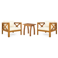 Patio Conversation Set, Outdoor Wood Leisure Seat(Set of 2),Armchair with Cushions,Selma Acacia Wood End Table ,Teak Finish,Beige cushion