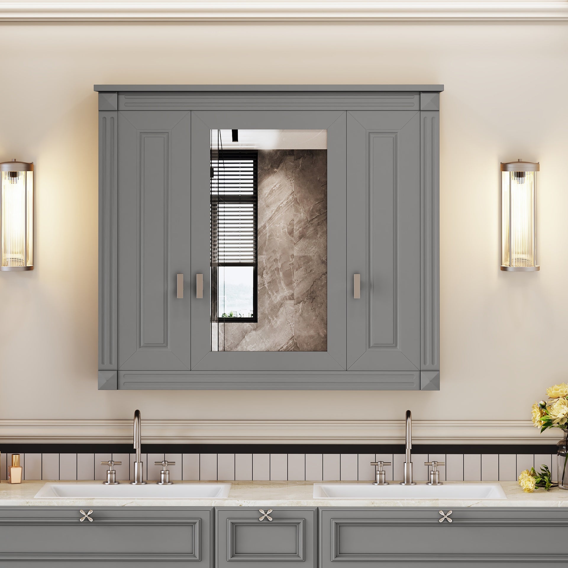 Bathroom Wall Cabinet with Mirror, Wall Mounted Medicine Cabinet with 4 Shelves, Mirrored Door Over Toilet Storage Cabinet