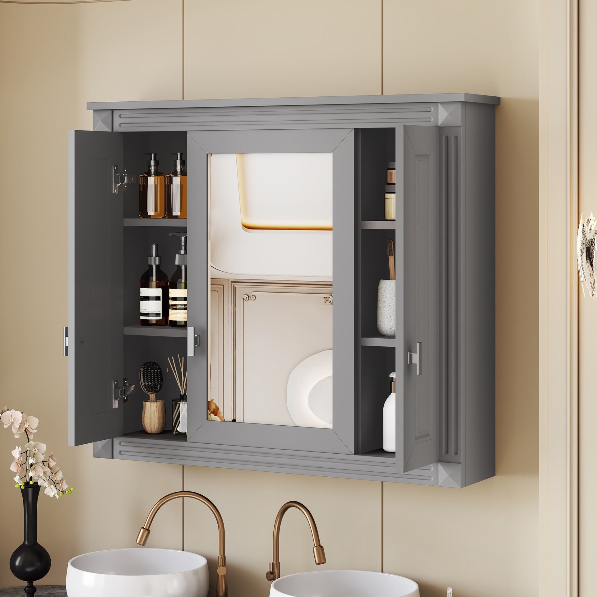 Bathroom Wall Cabinet with Mirror, Wall Mounted Medicine Cabinet with 4 Shelves, Mirrored Door Over Toilet Storage Cabinet