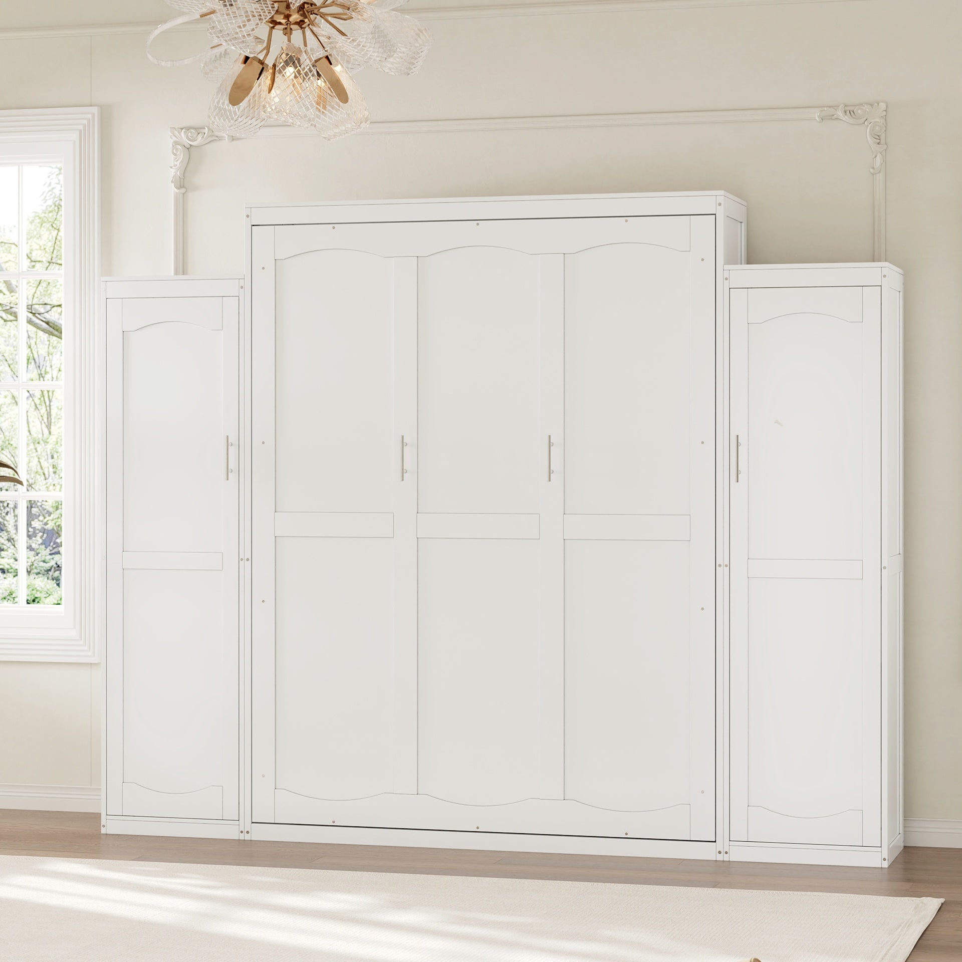 Full Size Murphy Bed with 2 Wardrobe and Storage Shelf, Multifunctional Foldable Platform Bedframe for Guest-Room, Bedroom, White