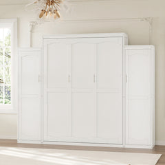 Full Size Murphy Bed with 2 Wardrobe and Storage Shelf, Multifunctional Foldable Platform Bedframe for Guest-Room, Bedroom, White