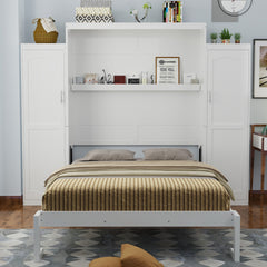 Full Size Murphy Bed with 2 Wardrobe and Storage Shelf, Multifunctional Foldable Platform Bedframe for Guest-Room, Bedroom, White