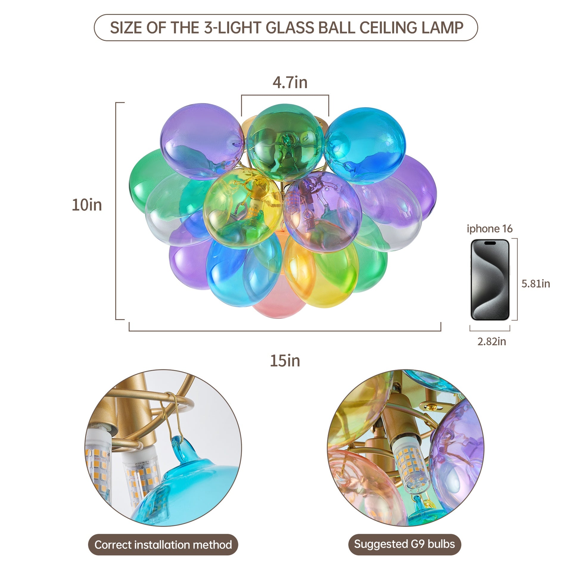Colorful Glass Bubble Ball Swirled Glass Chandelier 15 Inch 3 Light, Small Pendant Light Fixture for Bedroom Study Restaurant