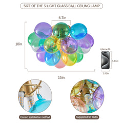 Colorful Glass Bubble Ball Swirled Glass Chandelier 15 Inch 3 Light, Small Pendant Light Fixture for Bedroom Study Restaurant