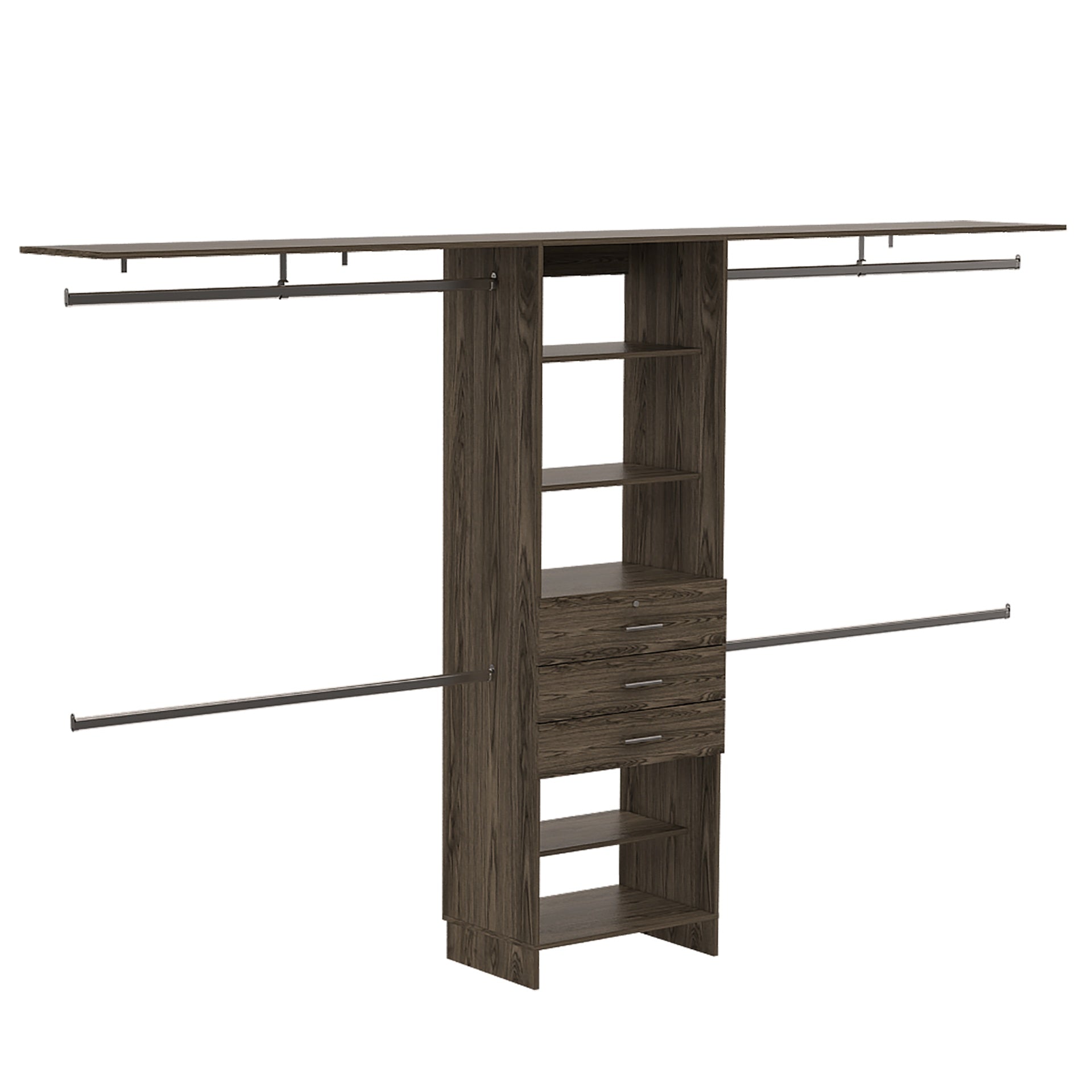 Closet System 69 inchW - 118 inchW, Four Hanging Rods, Three Drawers, Five Shelves, Dark Walnut