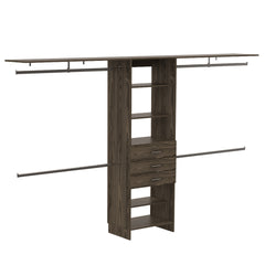 Closet System 69 inchW - 118 inchW, Four Hanging Rods, Three Drawers, Five Shelves, Dark Walnut