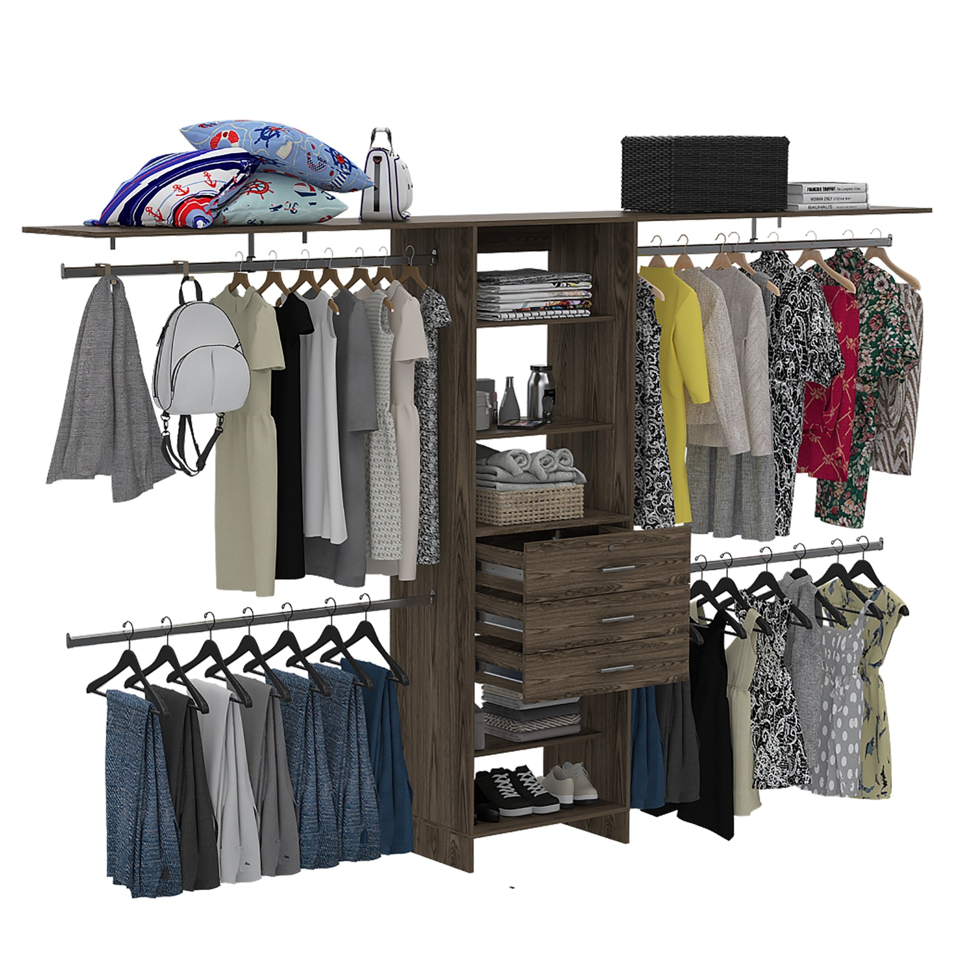 Closet System 69 inchW - 118 inchW, Four Hanging Rods, Three Drawers, Five Shelves, Dark Walnut