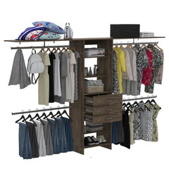 Closet System 69 inchW - 118 inchW, Four Hanging Rods, Three Drawers, Five Shelves, Dark Walnut