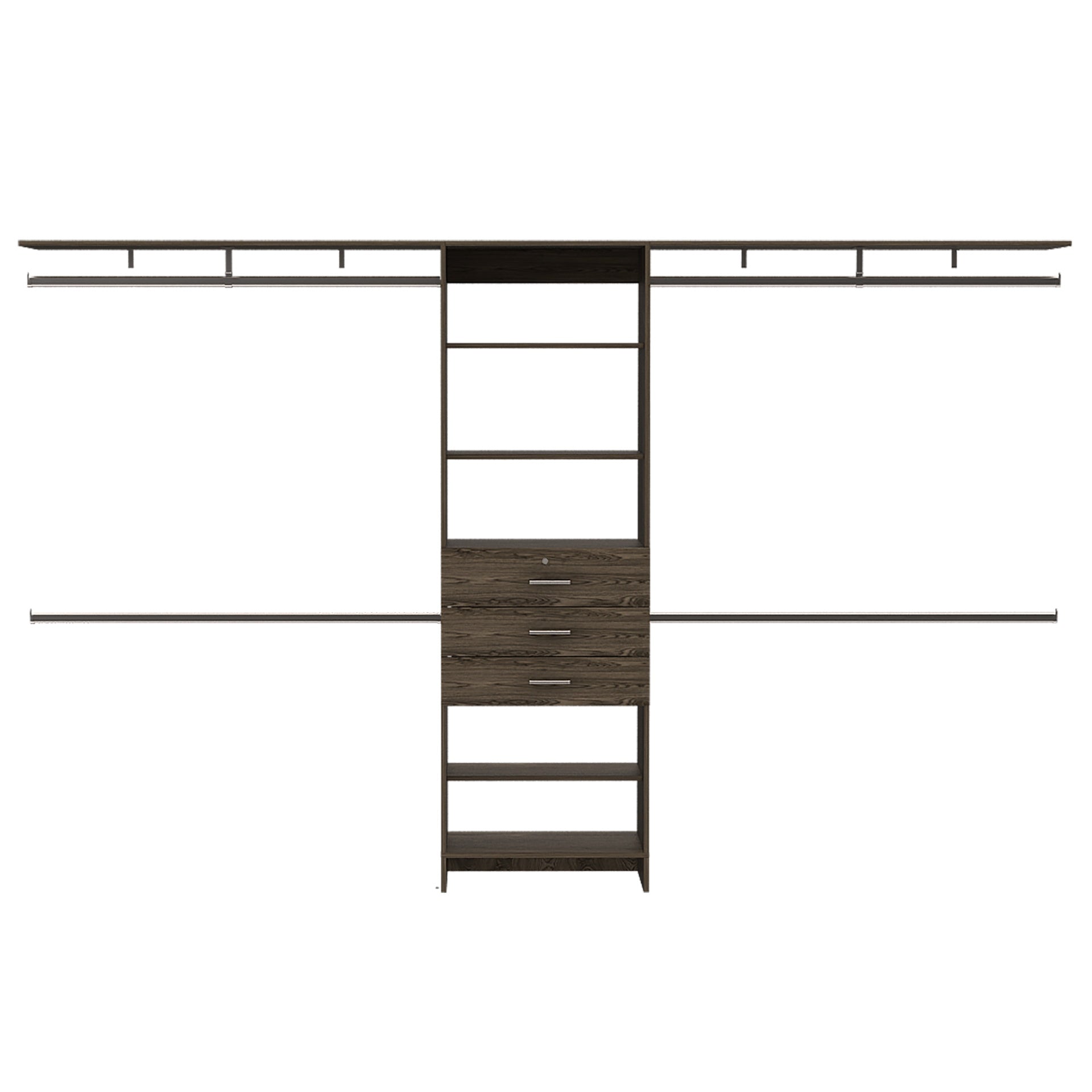 Closet System 69 inchW - 118 inchW, Four Hanging Rods, Three Drawers, Five Shelves, Dark Walnut