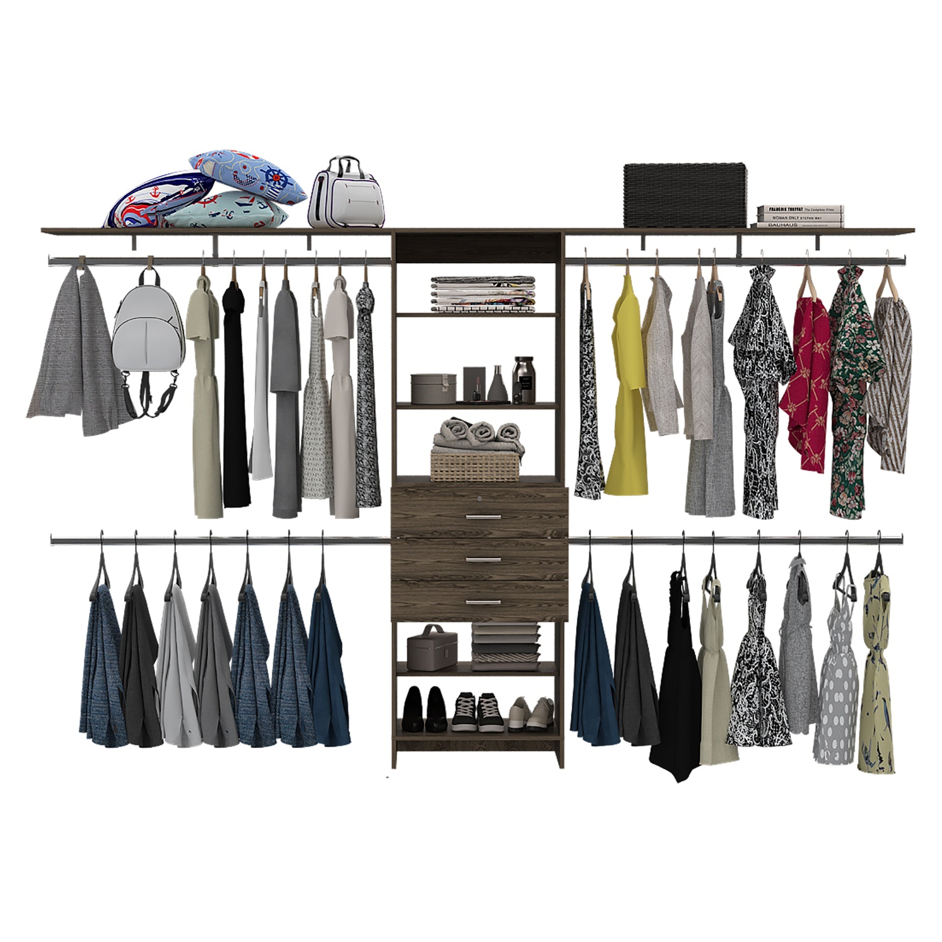 Closet System 69 inchW - 118 inchW, Four Hanging Rods, Three Drawers, Five Shelves, Dark Walnut