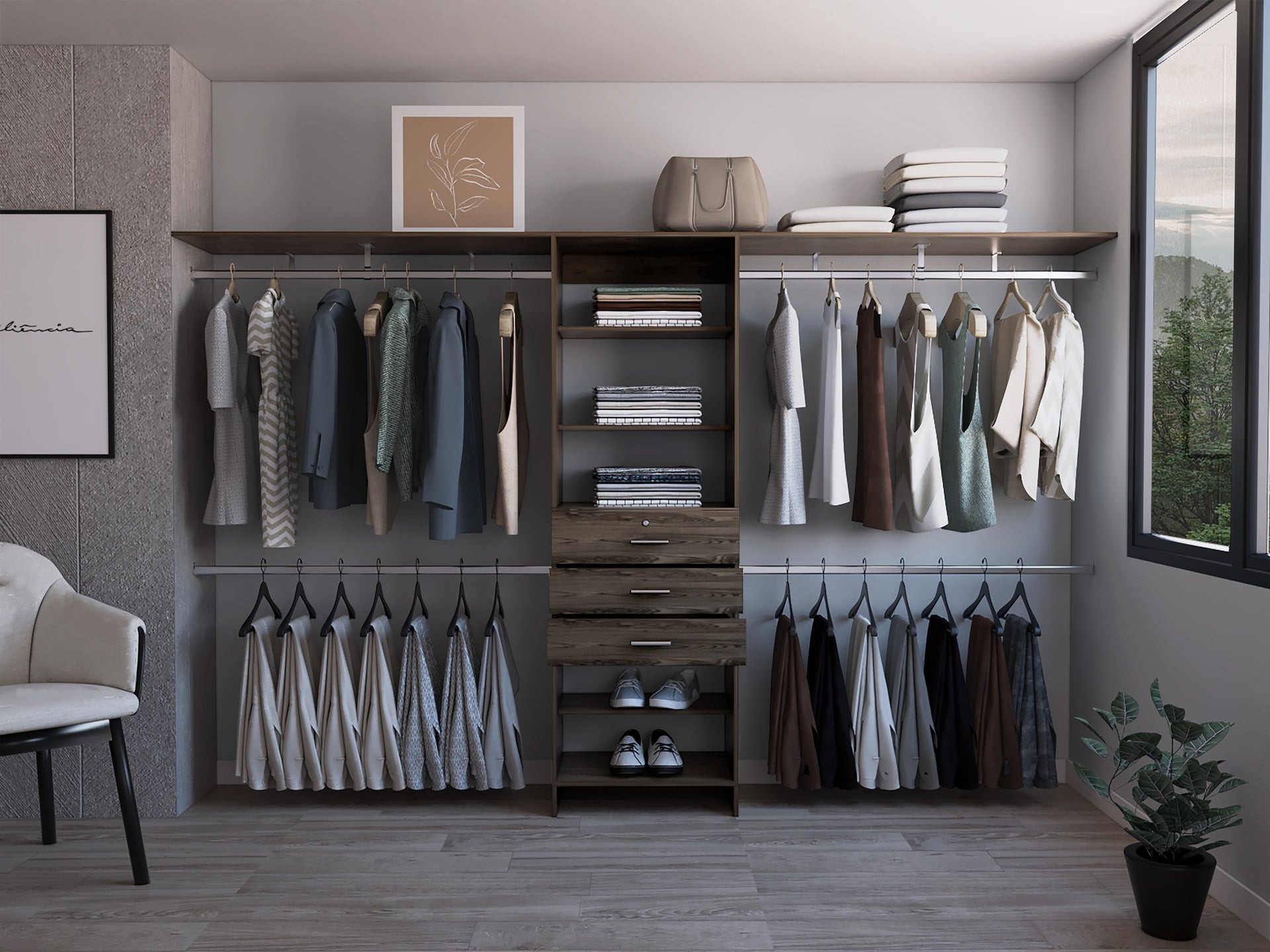 Closet System 69 inchW - 118 inchW, Four Hanging Rods, Three Drawers, Five Shelves, Dark Walnut